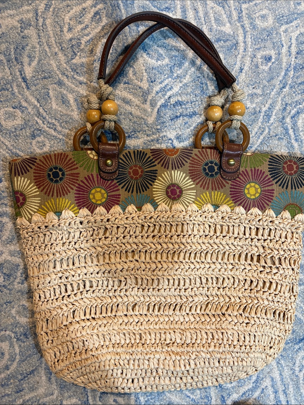 Fossil Multicolor Floral Trim Crochet Straw Tote - Picture 2 of 5